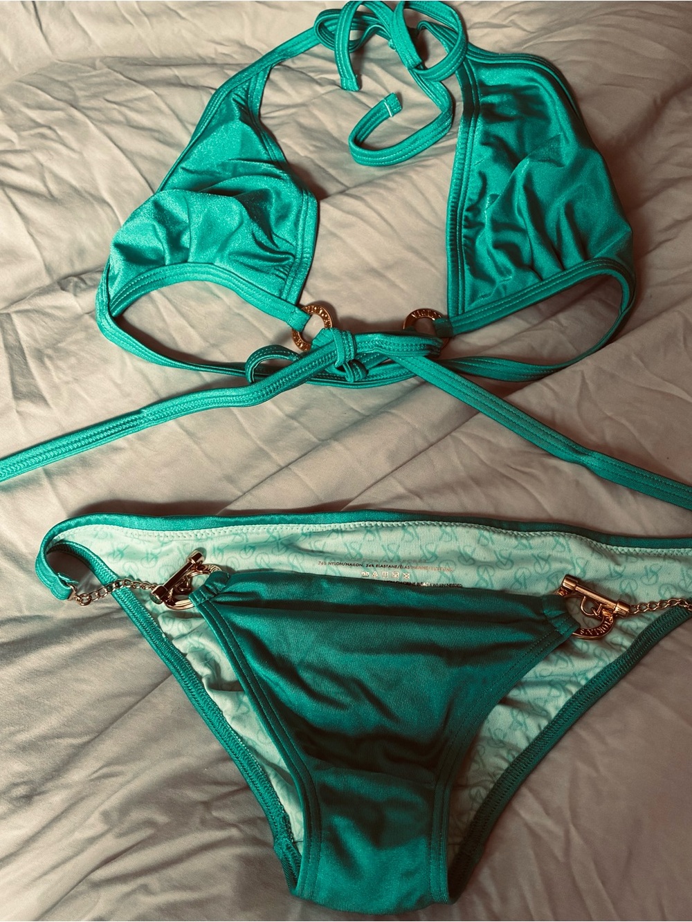 Viictoria’s Secret Turquoise Blue Chain String Bikini Sz Large Top & XS Bottoms
